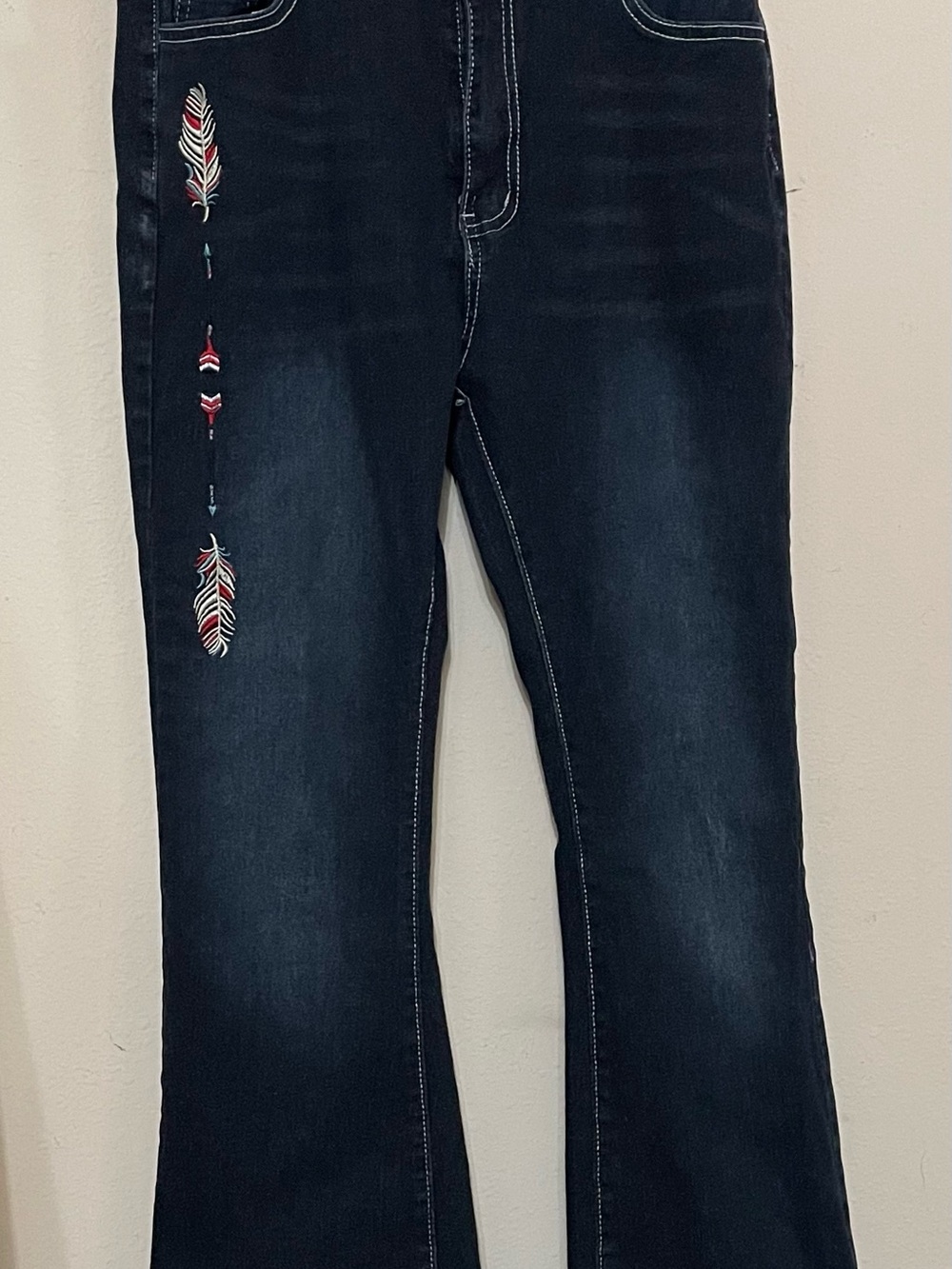 Boho Dark Wash Flare Jeans with Feather Embroidery - Navy 28w x38L